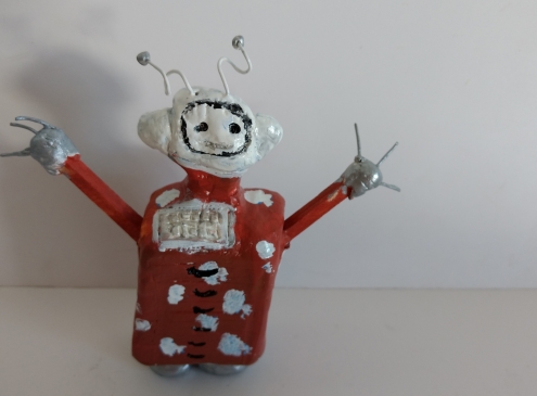 Ein von einem Kind entworfener Schräger Roboter