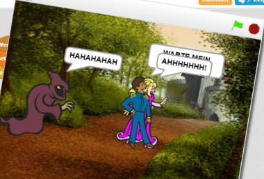Foto eines Bildschirms mit einem selbst designten Comic von zwei Figuren mit Sprechblasen, Scratch, ZIMD