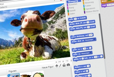 Digitale Grundbildung: Scratch - Programmieren von Animationen, Simulationen und Spielen, ZIMD Foto eines Bildschirms mit Programmieroberfläche aus dem Workshop Scratch, ZIMD